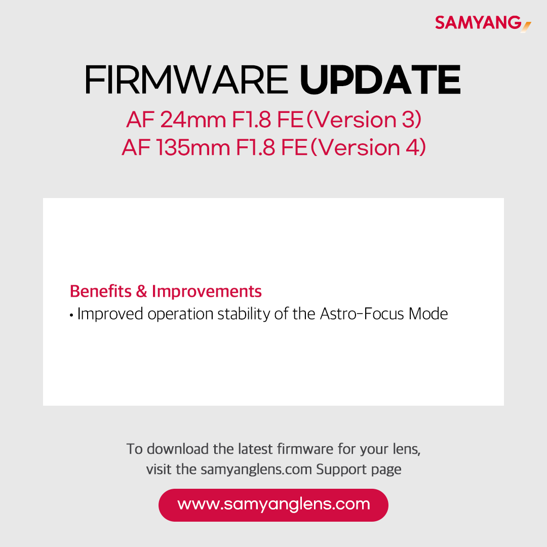 New Firmware Released for the 24mm F1.8 and 135mm F1.8 AF Lenses