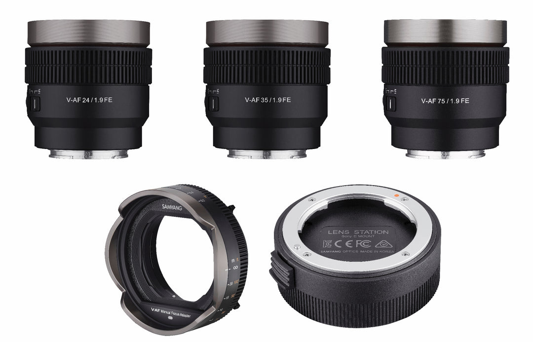 24, 35, 75mm T1.9 Full Frame V-AF Lens Bundle with Manual Focus Adaptor and Lens Station for Sony E