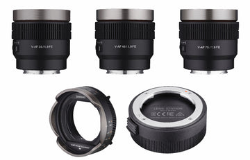 35, 45, 75mm T1.9 Full Frame V-AF Lens Bundle with Manual Focus Adaptor and Lens Station for Sony E