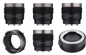 24, 35, 45, 75mm T1.9 Full Frame V-AF Lens Bundle with Manual Focus Adaptor and Lens Station for Sony E